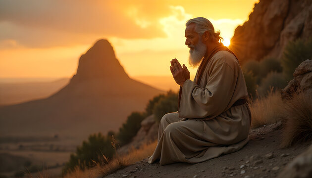Serene elderly man with long beard praying outdoors at sunset in rocky desert landscape