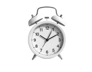 Classic white alarm clock, two bells on top, with hour and minute hands