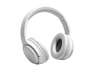 Sleek, all-white over-ear headphones, floating against a black background