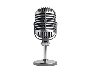 Shiny chrome classic microphone, upright, isolated against a stark black background