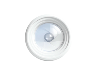 Top-down view of a white, stylized camera lens with internal aperture blades