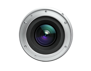 Detailed, central, front-facing view of a camera lens with a silver metal frame