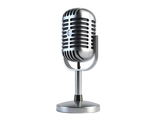 A classic silver retro microphone, isolated against a stark black background