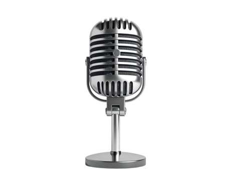 Shiny chrome classic microphone, upright, isolated against a stark black background - Powered by Adobe
