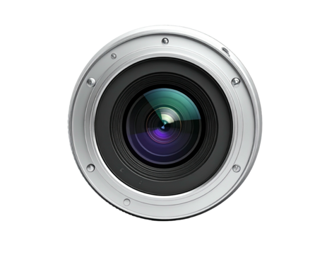 Detailed, central, front-facing view of a camera lens with a silver metal frame