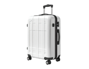 A pristine white rolling suitcase with a telescoping handle, perfect for travel