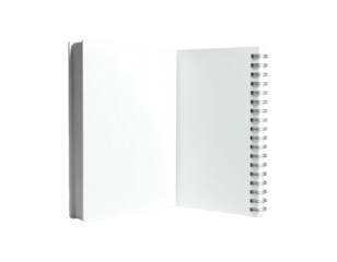 Open blank spiral-bound notebook with a simple, clean aesthetic on a dark background