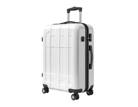 A pristine white rolling suitcase with a telescoping handle, perfect for travel