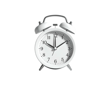 Classic white alarm clock with twin bells stands out against a black background