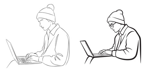 Line Art Illustration of a Focused Person Typing on a Laptop