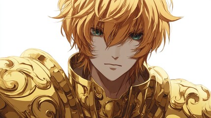 A golden-armored anime character stares intensely, golden hair cascading, emerald eyes focused, with a stern expression