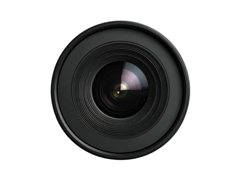 Close-up of a black, professional camera lens with internal reflections