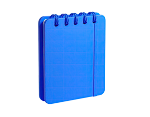 A stylized, blue notepad, with coil binding, against a black background