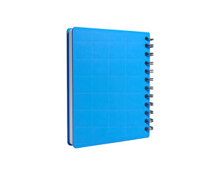 A digitally rendered, bright blue notebook stands out against a black background