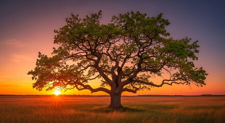 Fototapeta premium Majestic Oak Tree Silhouetted Against a Vibrant Sunset in a Serene Field.