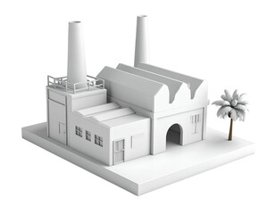 Isometric 3D rendering of a white industrial building with two smokestacks, palm tree