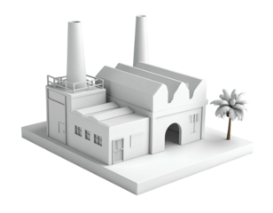 Isometric 3D rendering of a white industrial building with two smokestacks, palm tree