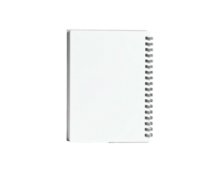 Top view of a blank white notebook with metal spiral binding on black background