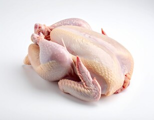 Whole, raw chicken, pale skin, on a white surface