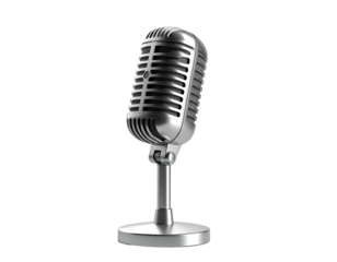 Vintage-style silver microphone stands tall against a black background