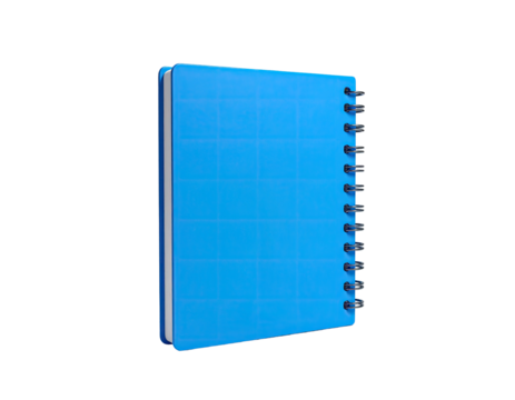 A digitally rendered, bright blue notebook stands out against a black background