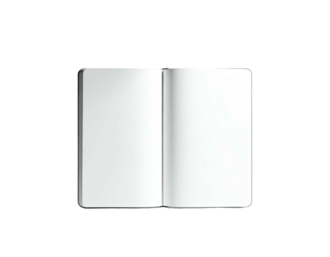 An open blank notebook lies on a black background. The pages are white
