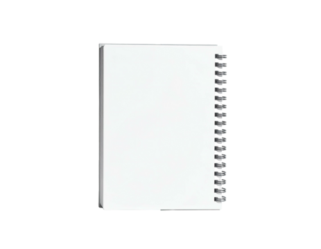 Top view of a blank white notebook with metal spiral binding on black background