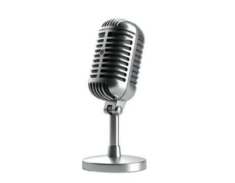 Vintage-style silver microphone stands tall against a black background