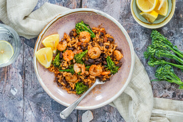 Chorizo and prawns rice with tenderstem broccoli