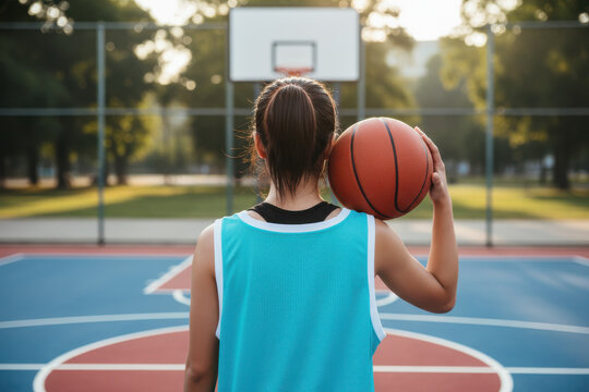 A young girl holding a basketball ball on a basketball court