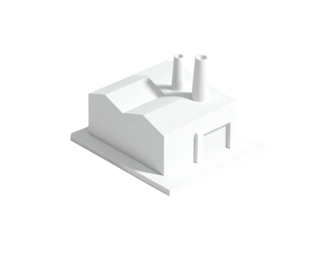 A simple, clean white isometric rendering of an industrial building