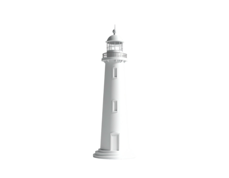 A tall, white, lighthouse with detailed windows and a beacon against a black backdrop