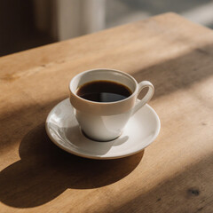 Fototapeta premium A flatlay of a cup of coffee on a wooden table with minimal props, clean modern composition, natural soft lighting, warm tones, realistic photography style, high-resolution 4K stock image