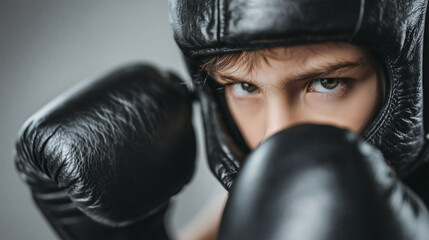 Intense focus from young boxer training hard with black gloves and headgear ready to fight demonstrating discipline and determination in sport