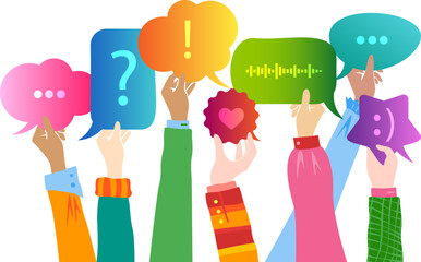 Human hands up and holding colorful speech bubbles. Vector horizontal border with decoration elements.