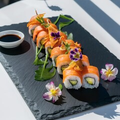 A plate of vegan sushi arranged artfully on a
slate board with edible flowers and a small soy dish. Close-up top-down,