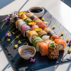 A plate of vegan sushi arranged artfully on a
slate board with edible flowers and a small soy dish. Close-up top-down,
