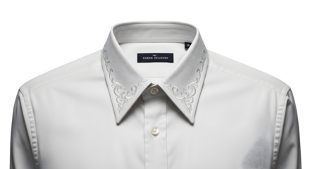 White shirt shows embossed pattern on collar, has clean modern style perfect for fashion product shot, blog post, website header or social media post.
