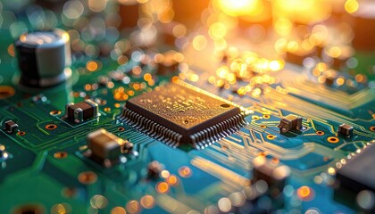 Close Up of a Green Circuit Board with a Microchip Under Bright Studio Lighting and Golden Bokeh Accents Detailed Macro Photography Robotic Modules