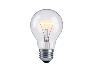 Lit, glass, incandescent bulb on black background; close-up studio shot