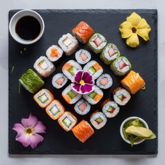 A plate of vegan sushi arranged artfully on a
slate board with edible flowers and a small soy dish. Close-up top-down,