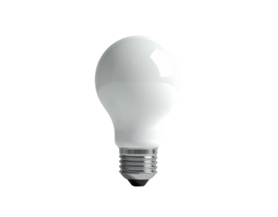 A glossy, white light bulb with a silver base, isolated on black