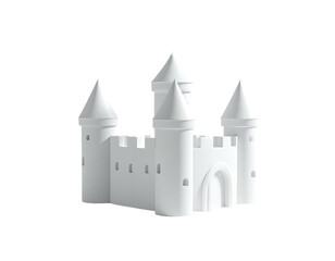 A pristine, white toy castle stands against a stark, black backdrop, with multiple turrets