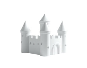A pristine, white toy castle stands against a stark, black backdrop, with multiple turrets