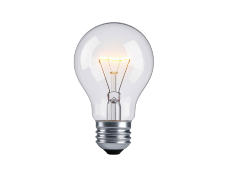 Lit, glass, incandescent bulb on black background; close-up studio shot