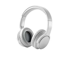 Clean, all-white, over-ear headphones against a black background