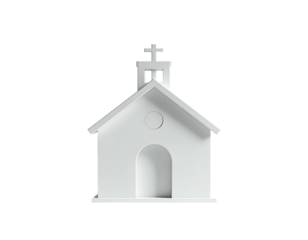 3D rendered, minimalist white chapel with cross on top, set against black background