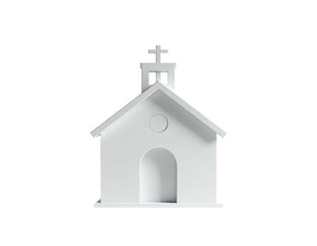 3D rendered, minimalist white chapel with cross on top, set against black background