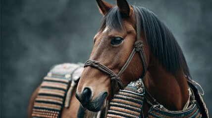 A brown horse with a brown bridle and a brown saddle blanket