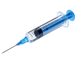 Medical injection device with needle, transparent barrel, blue plunger and parts, dark background